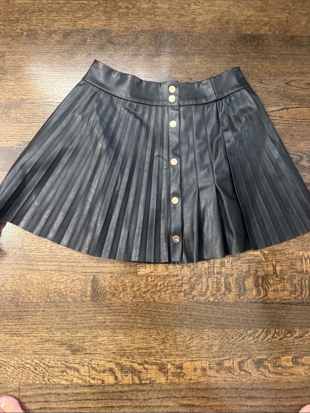 DO+BE Black Pleated Faux Leather Mini Skirt with Gold Snap Buttons